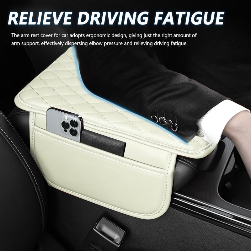 Stacool غطاء مركز التحكم في السيارة المحسن، غطاء مسند الذراع من الجلد المصنوع من الألياف الدقيقة مع 2 حقيبة تخزين، صندوق تخزين مسند الذراع العالمي لملحقات الداخلية لمعظم المركبات (كريم) - Image 4